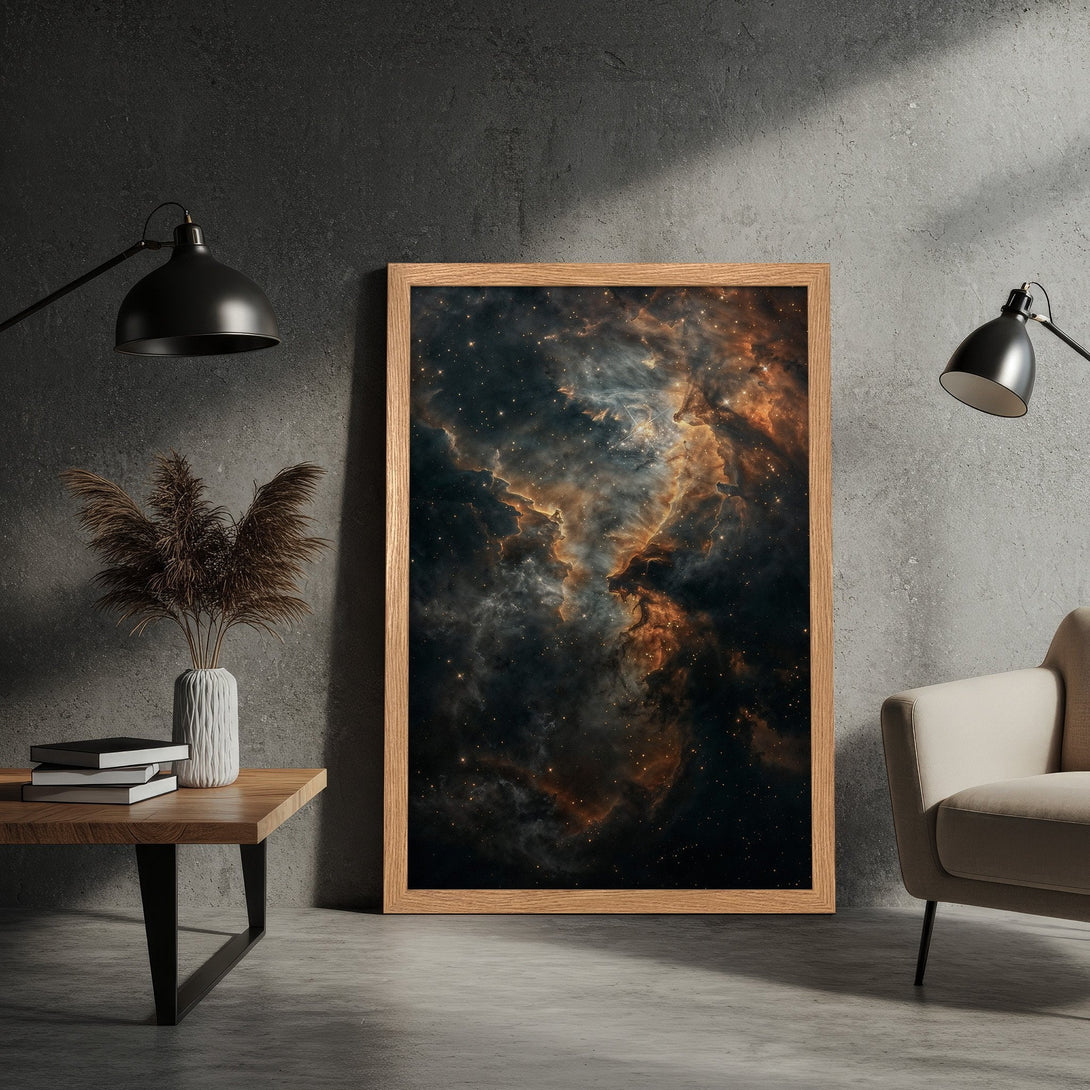 Framed Poster featuring a stunning nebula. Dark, moody aesthetic with warm orange and deep blue tones. Perfect wall art for any space.