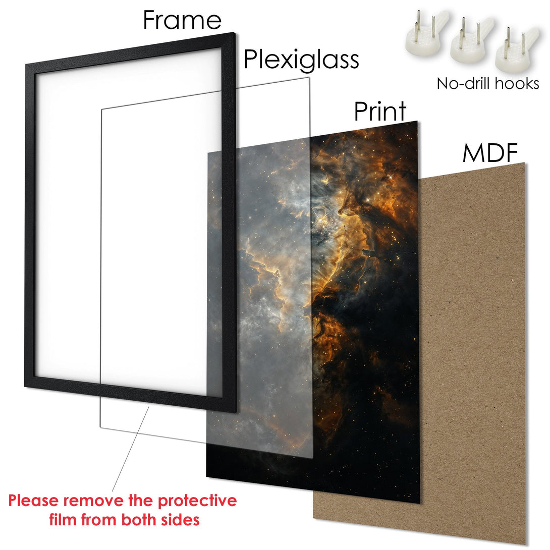 Framed Poster featuring a stunning space nebula print with a black frame. Captivating cosmic art in warm gold and dark tones. Ready to hang!