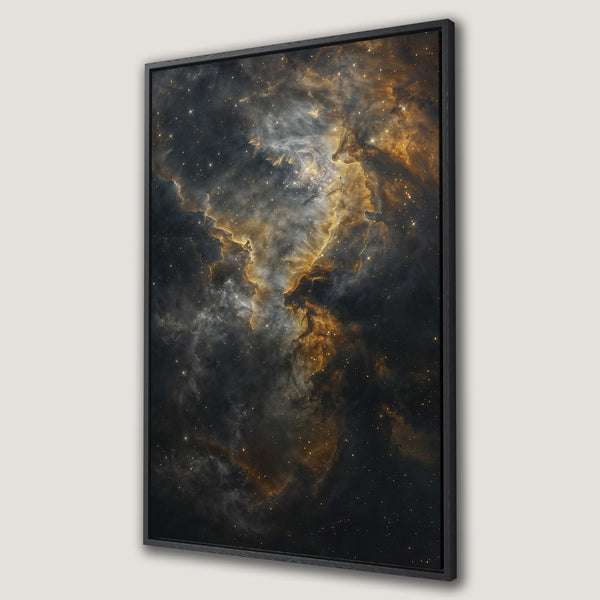 Framed Wall Art of a nebula in space, featuring a dark, moody color palette with gold and black hues. Perfect for adding a cosmic touch to your home.