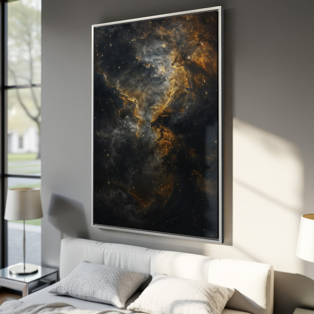 Framed Wall Art: Stunning nebula Canvas Print in a bedroom. Dark, moody space art with gold and black tones. Elevate your decor with celestial beauty.