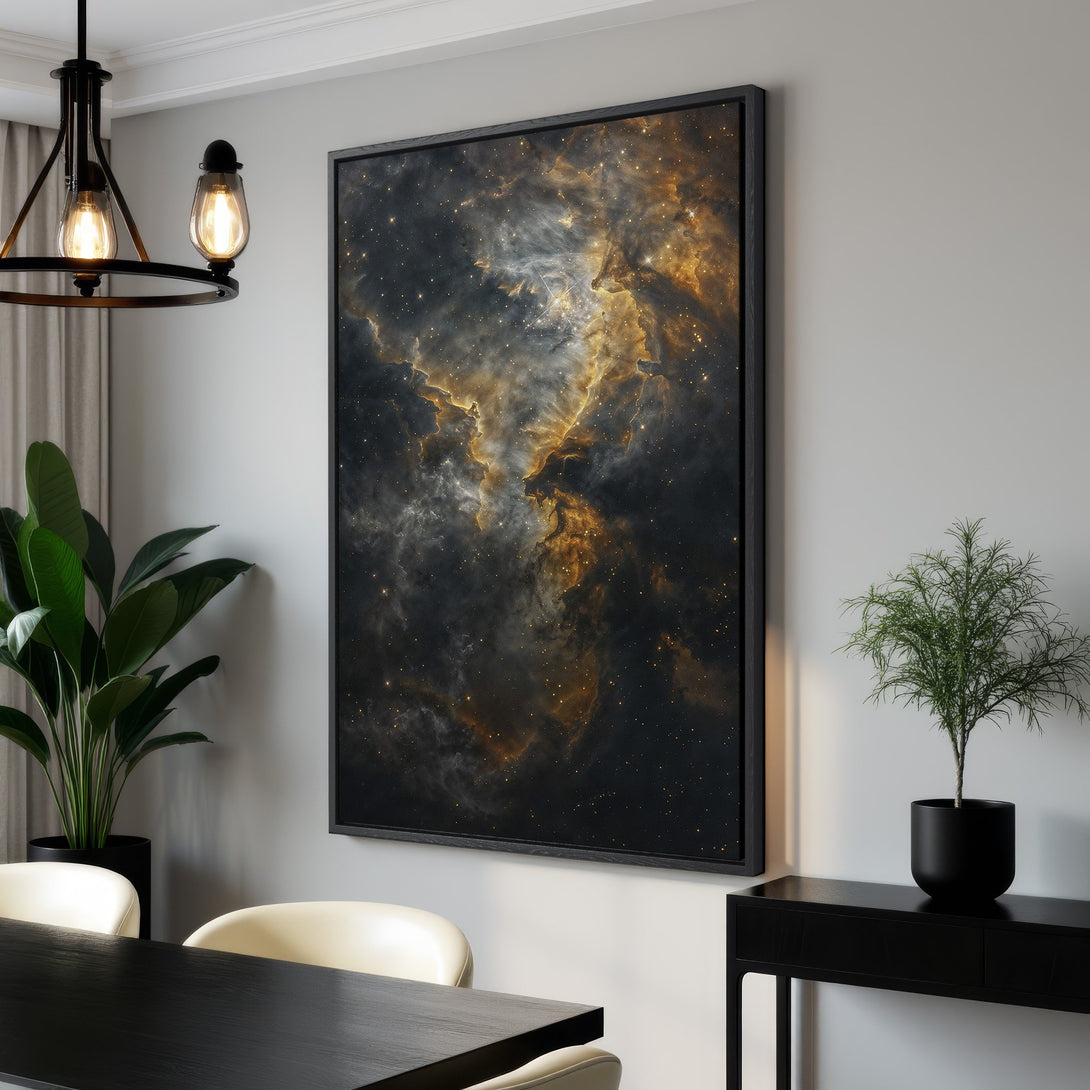 Framed Wall Art: Stunning nebula Canvas Print in a modern interior. Features a dark, celestial scene with gold and black tones. Perfect for home decor.