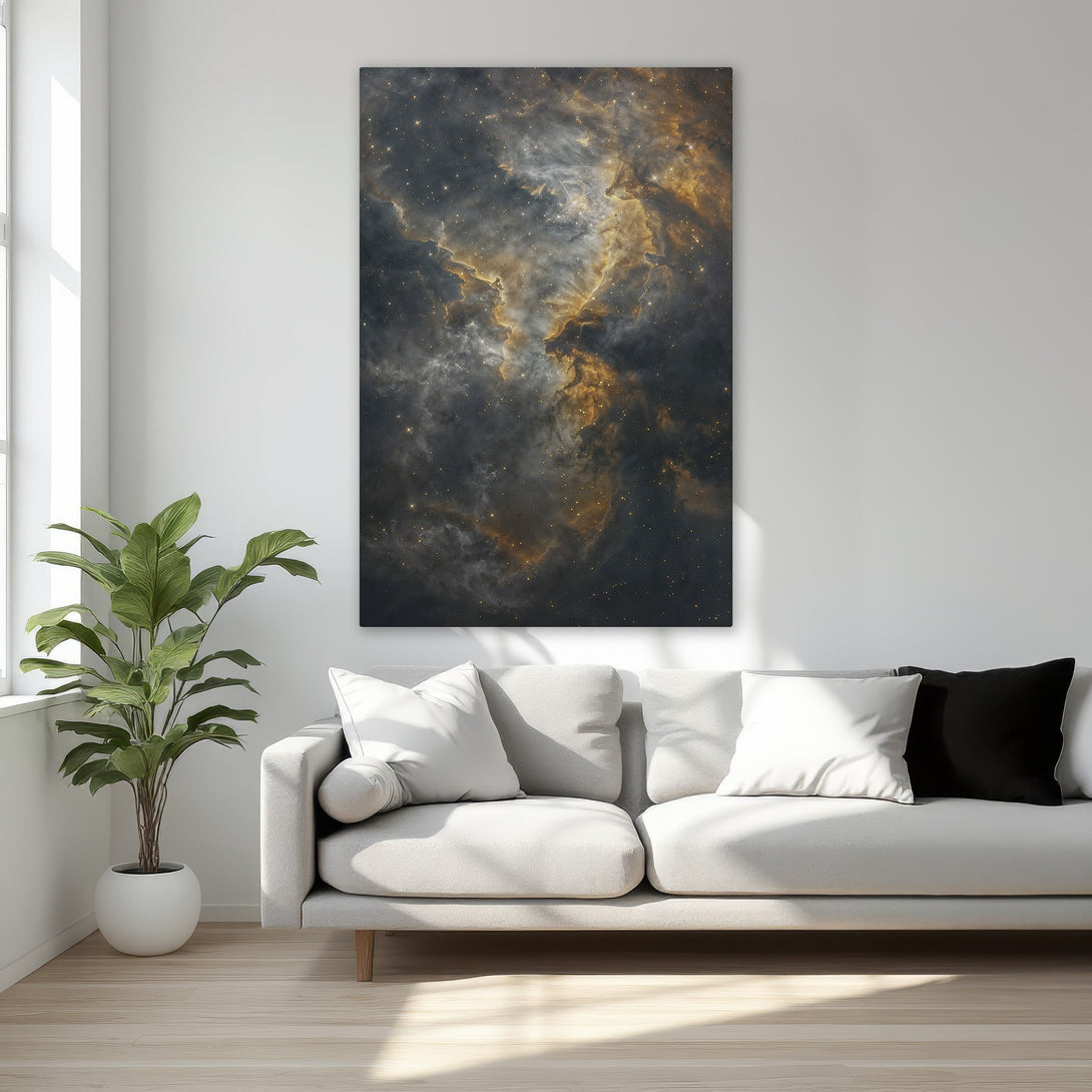 Framed Wall Art: Stunning space nebula canvas print in a luxurious bedroom. Dark, gold, and white color palette. Elevate your home decor with this celestial art piece.