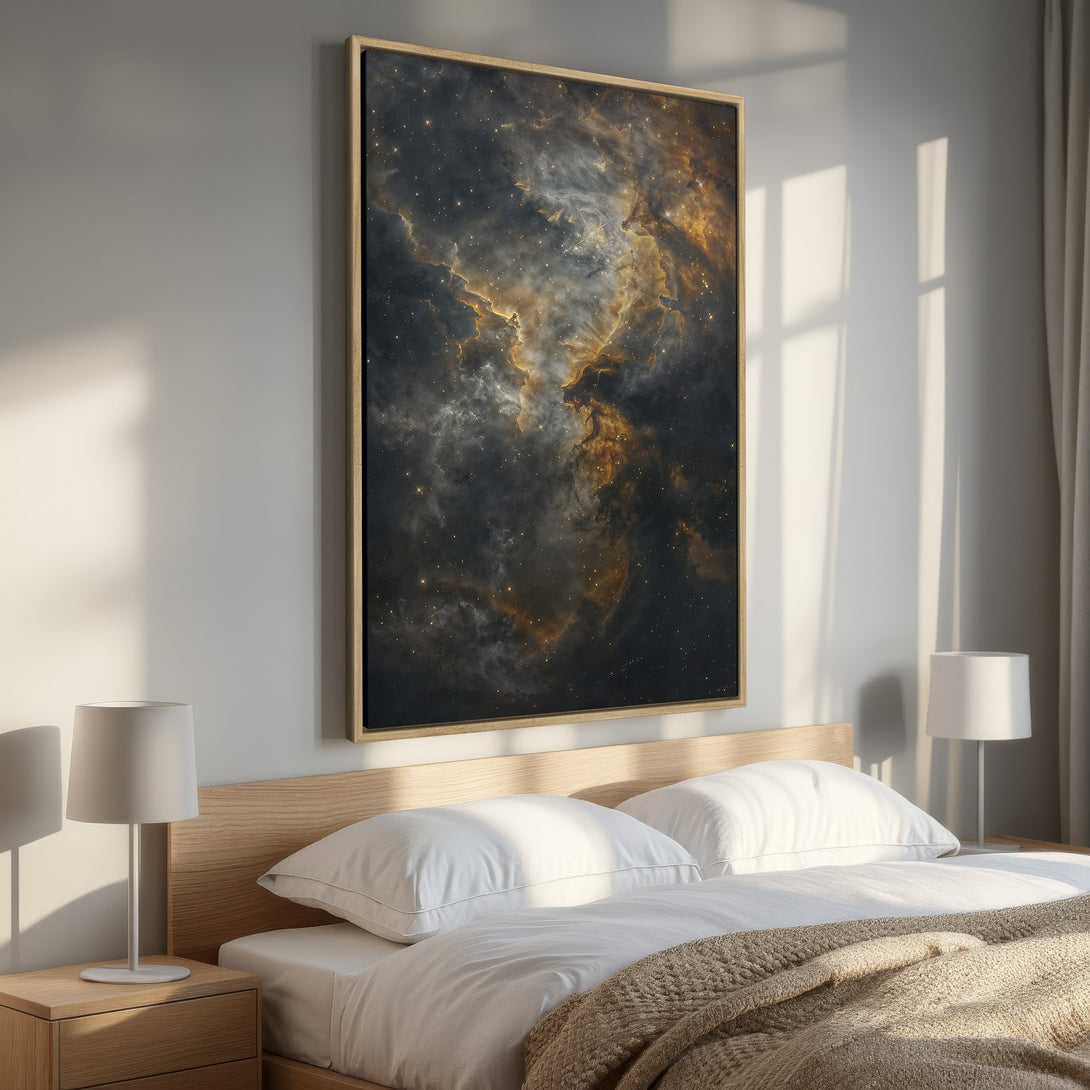 Framed Wall Art featuring a stunning nebula in gold and dark tones. Transform your space with this celestial Canvas Print, perfect for any bedroom!