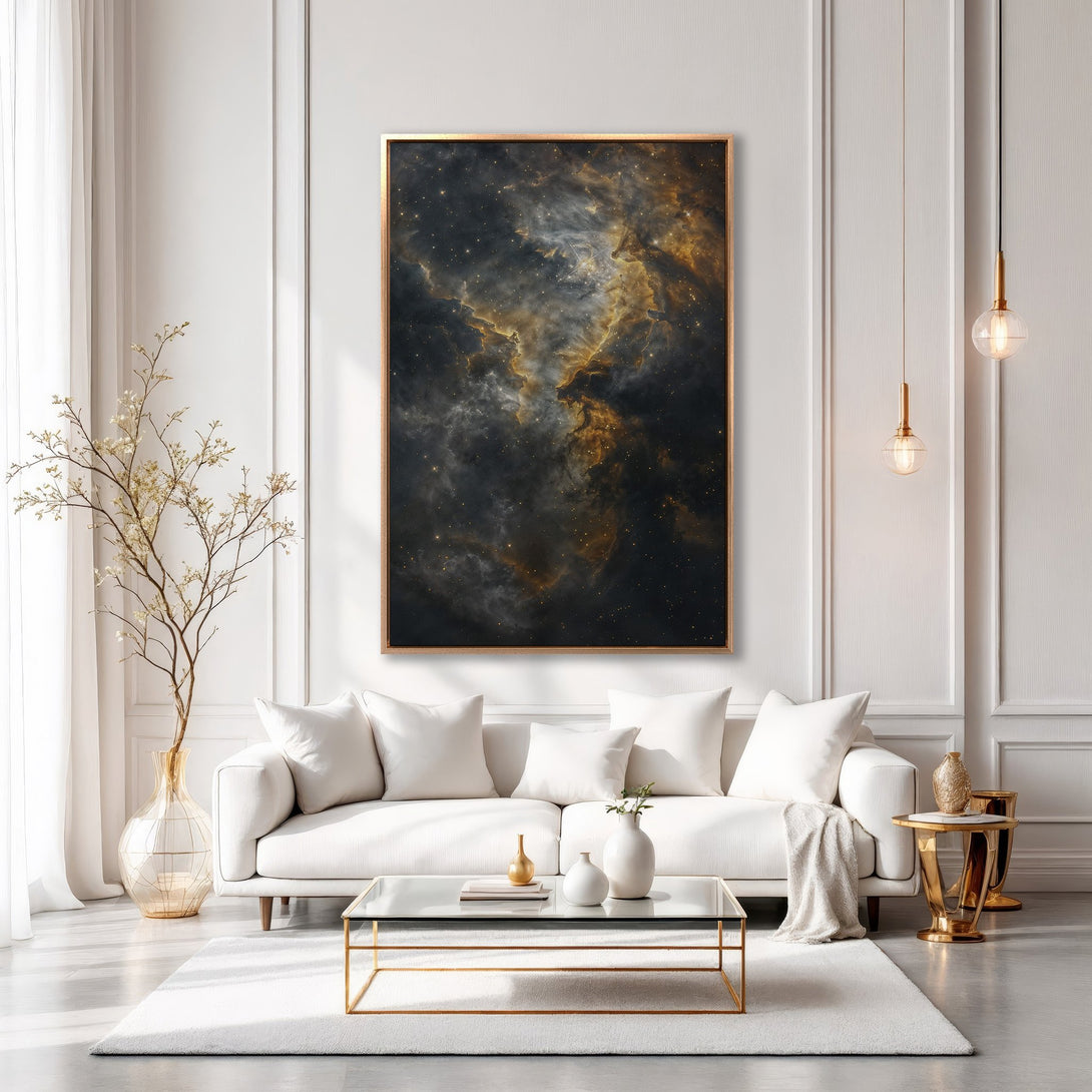 Framed Wall Art featuring a stunning nebula in a gold frame. Modern living room decor with a dark, gold, and white color palette. Elevate your space!