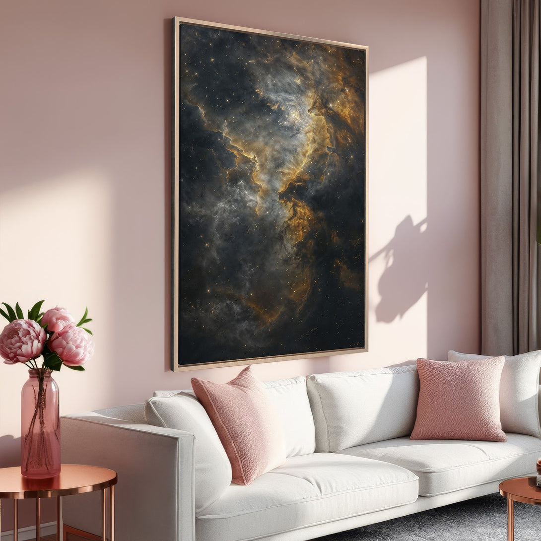 Framed Wall Art featuring a stunning nebula design in gold and black. Adds a touch of cosmic elegance to any room. Perfect for modern decor.
