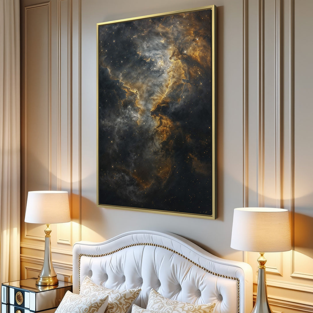Canvas Print of a nebula in a modern interior. Dark and gold space art adds a touch of cosmic elegance to any room.