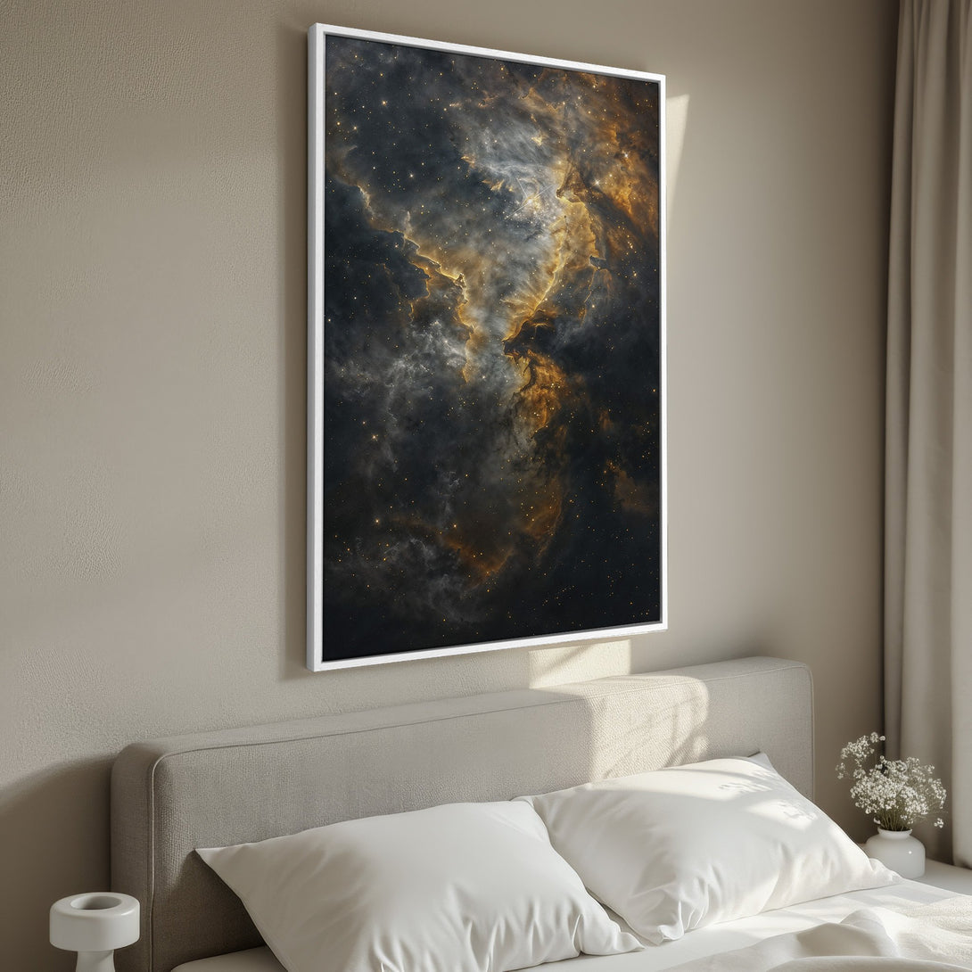 Framed Wall Art: Stunning nebula Canvas Print in a bedroom. Dark & gold color palette. Transform your space with this celestial art piece.