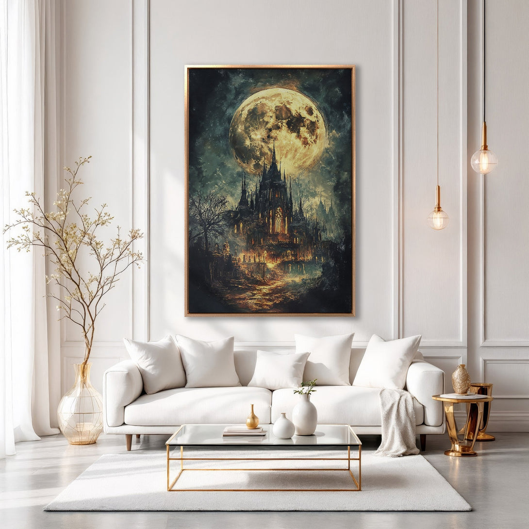 Framed Wall Art: Gothic castle under a full moon, dark & moody painting in a gold frame. Perfect for adding a touch of mystery to your home decor.