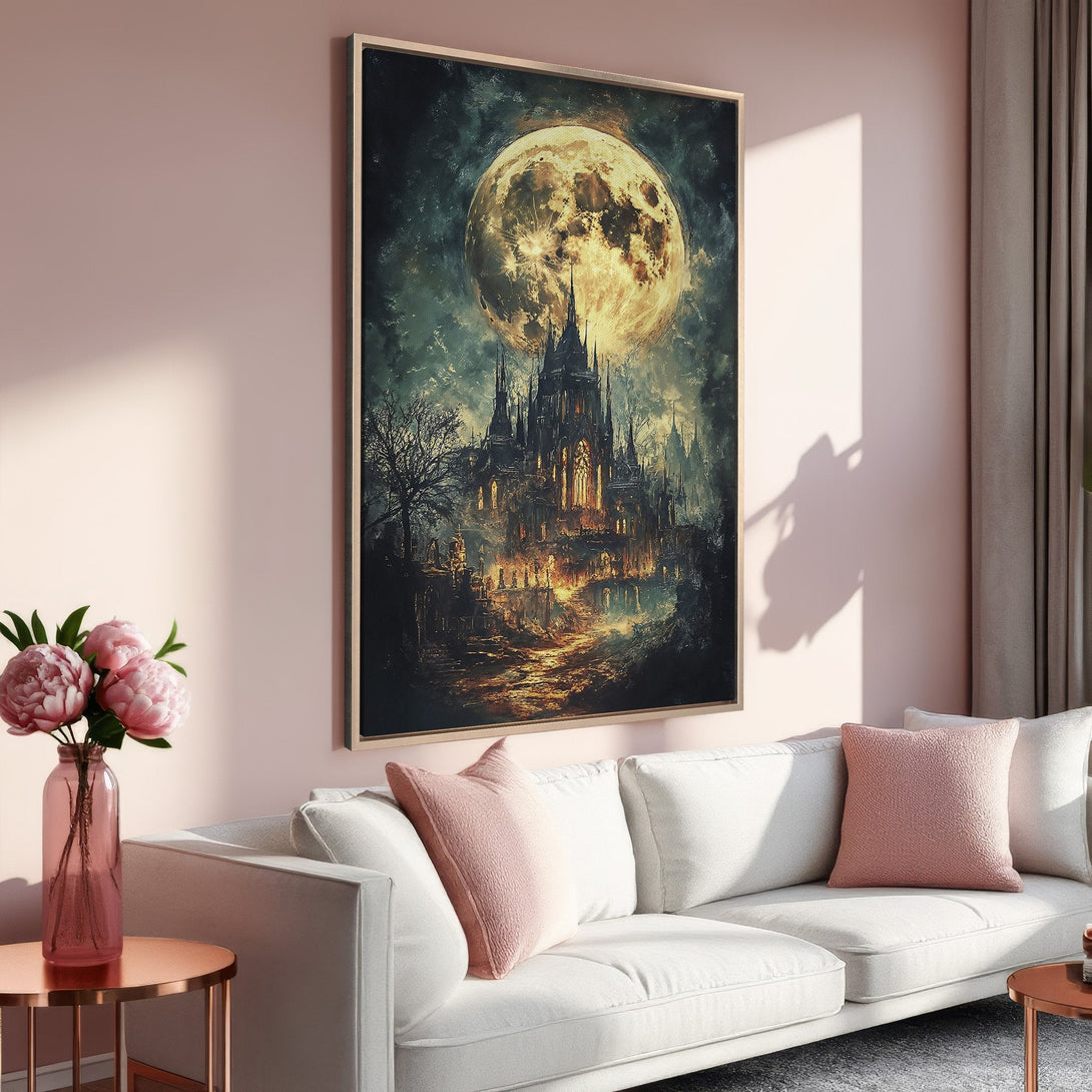 Framed Wall Art: Dramatic castle under a full moon. Dark, moody painting with a warm, inviting glow. Perfect for adding a touch of mystery to your space.