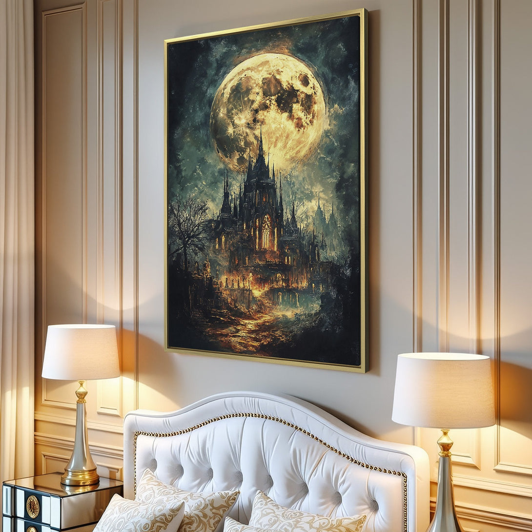 Canvas Print of a gothic castle under a full moon. Dark, moody artwork in a warm, earthy color palette. Perfect wall art for any space.