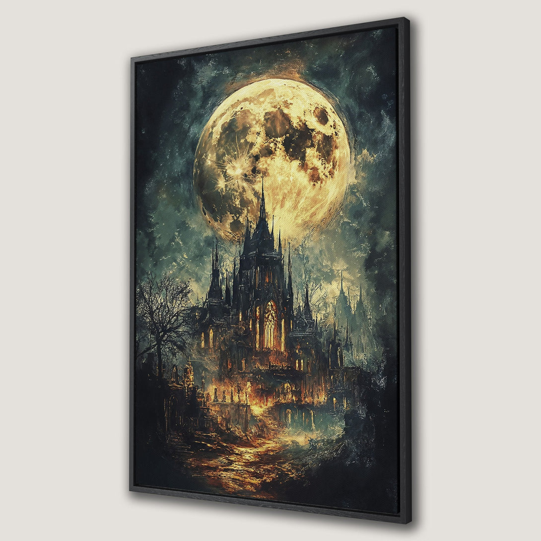 Framed Wall Art: Gothic castle under a full moon. Dark, moody color palette with dramatic lighting. Perfect for adding a touch of mystery to your space.