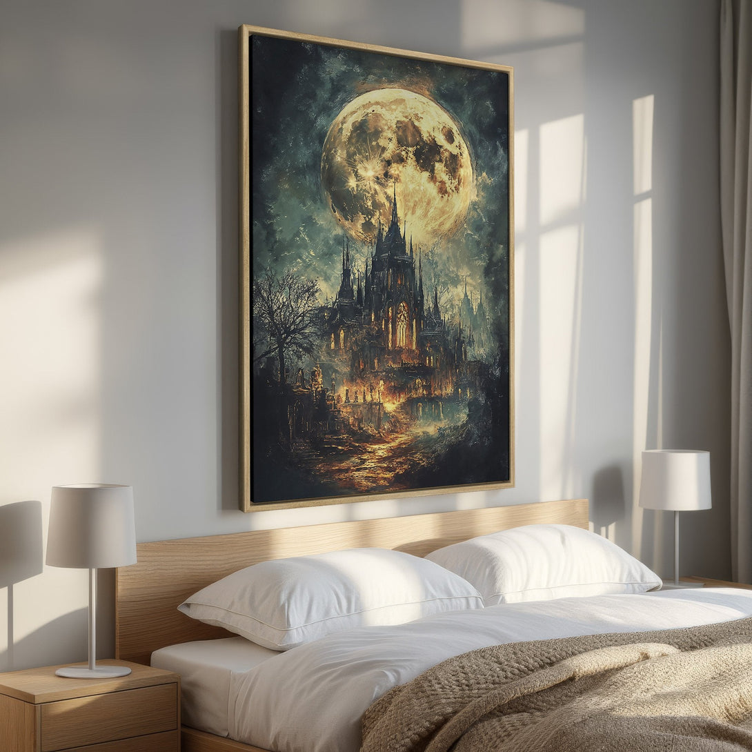 Framed Wall Art: Gothic castle under a full moon. Dark, moody color palette. Perfect for adding a touch of mystery to your bedroom decor.