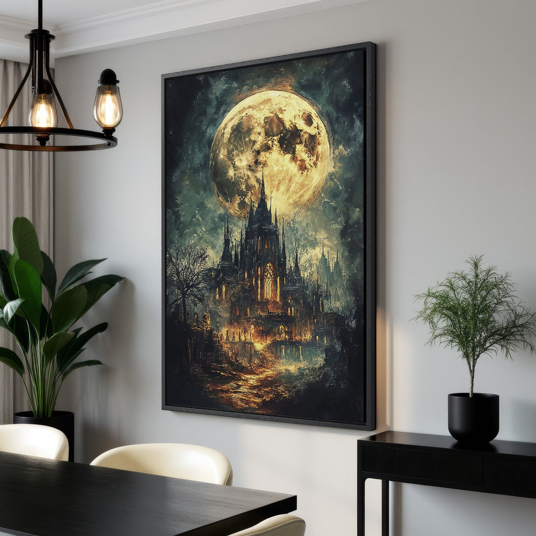 Framed Wall Art: Gothic castle under a full moon, dark and moody color palette. Add a touch of mystery to your space with this stunning canvas print.