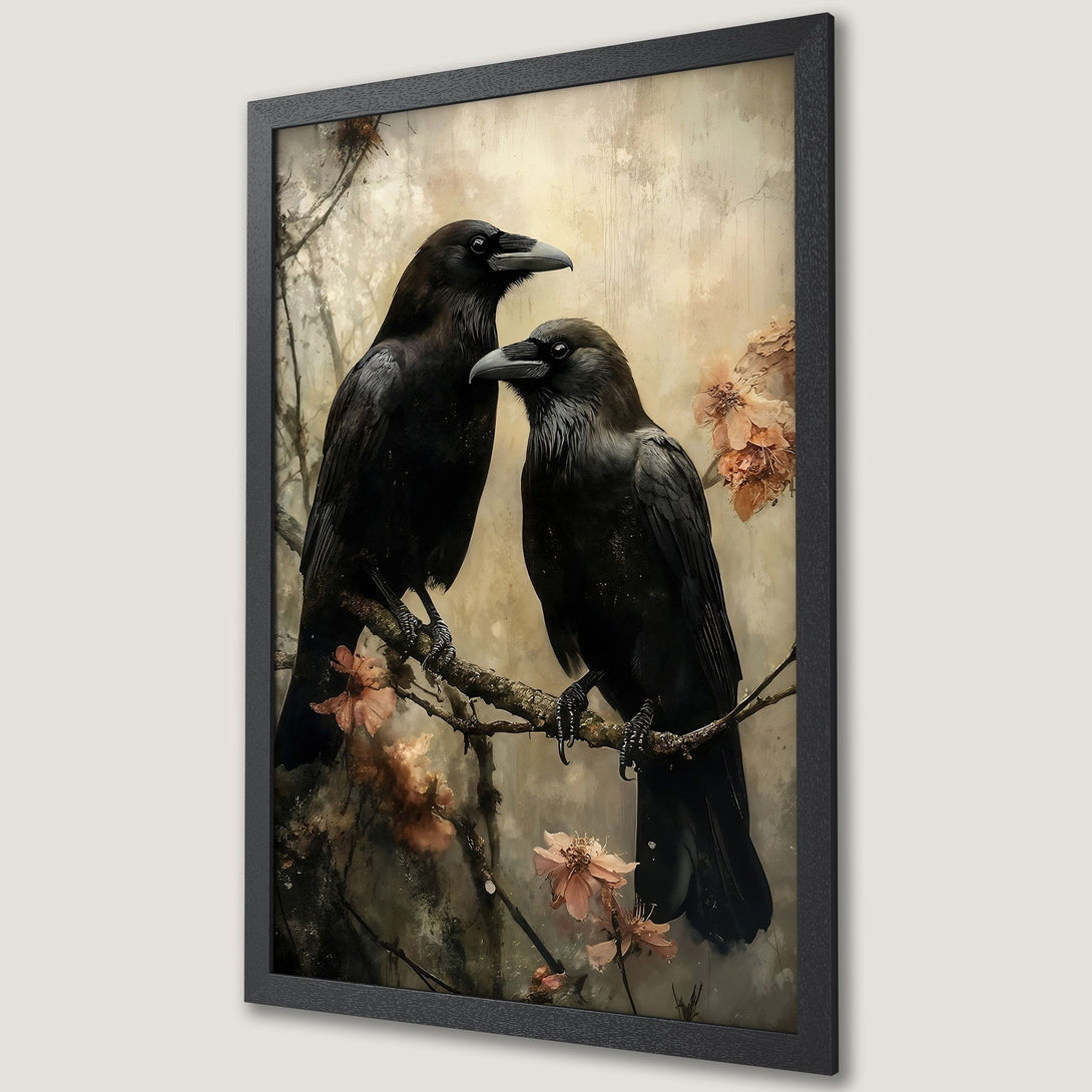 Framed Poster featuring two ravens on a branch, artistic style, neutral & muted color palette. Perfect wall art for any room.