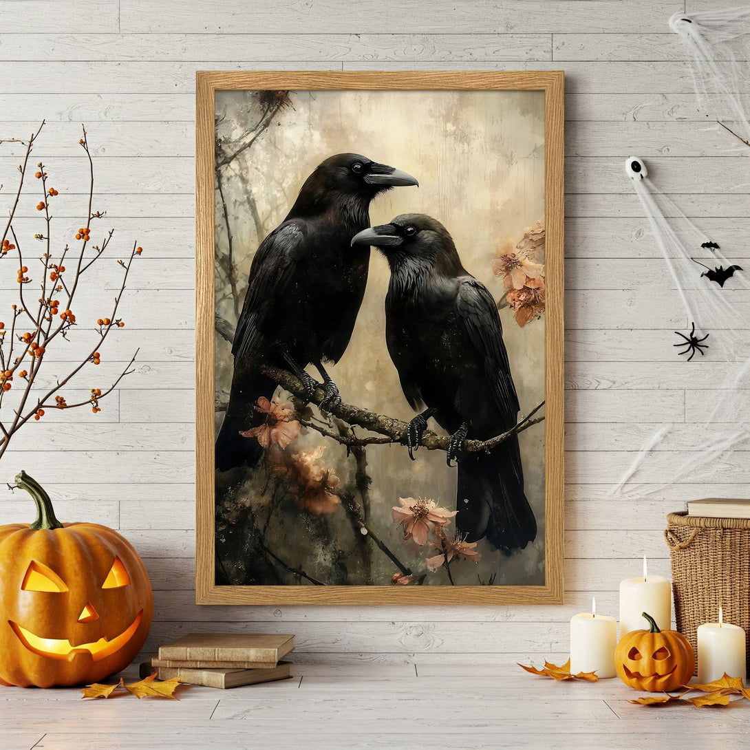 Framed Poster featuring two black ravens on a branch. Artistic style with a muted, warm color palette, perfect for Halloween decor.