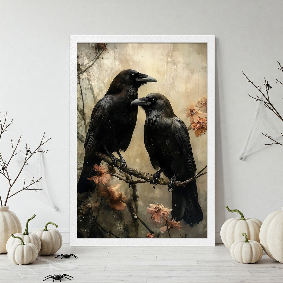 Framed Poster featuring two black ravens on a branch, with a vintage style and muted color palette. Perfect for Halloween decor!