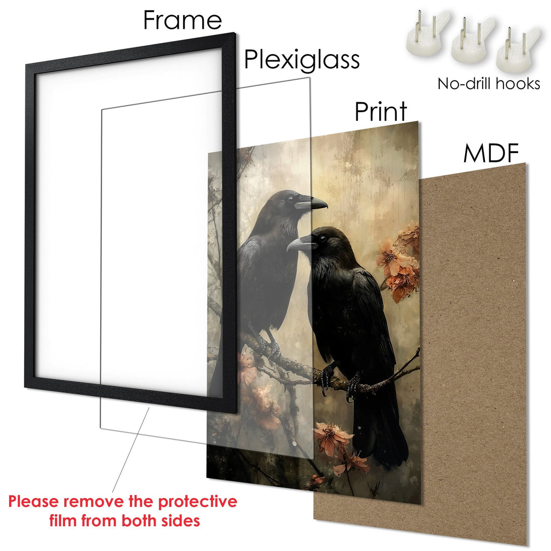 Framed Poster featuring a raven on a branch, art print in a vintage style with a warm, earthy color palette. Perfect wall decor!