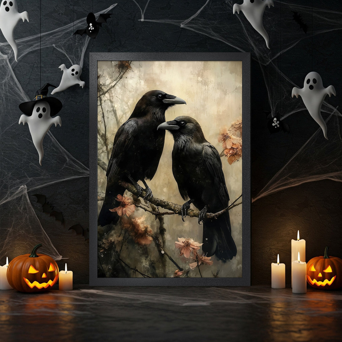 Framed Poster featuring black ravens on a branch, vintage style, with a muted color palette. Perfect Halloween decor!