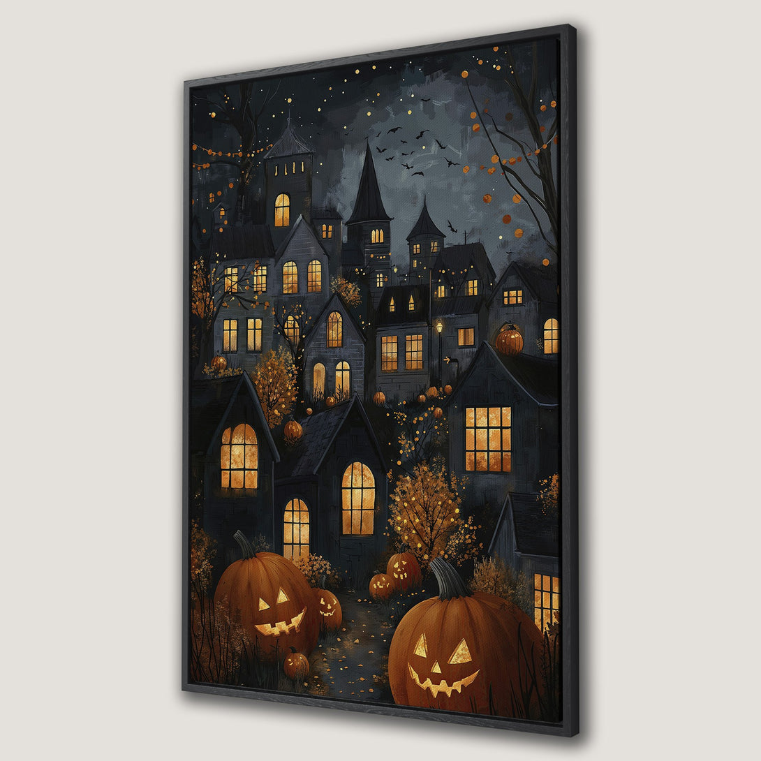 Framed Wall Art: Spooky Halloween town scene with glowing jack-o'-lanterns, dark blue and orange palette. Perfect for seasonal decor.