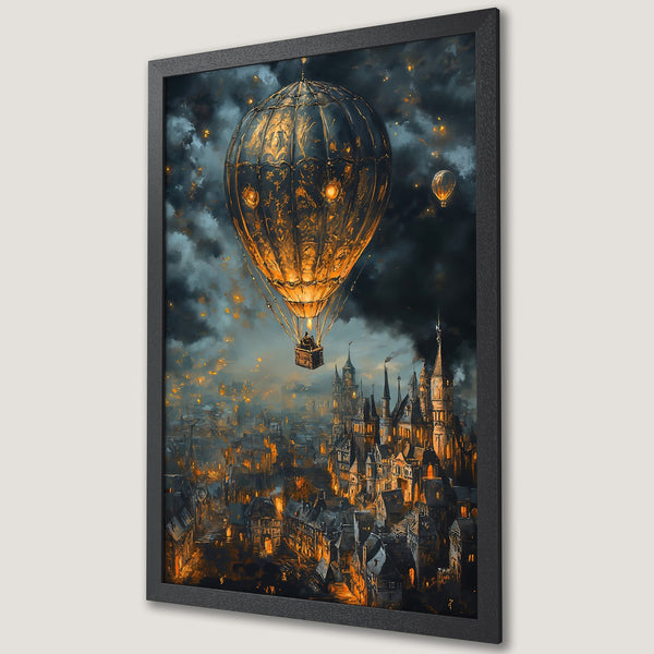 Framed Poster featuring a steampunk airship over a fantasy city. Dark, dramatic style with a warm orange and cool blue color palette.