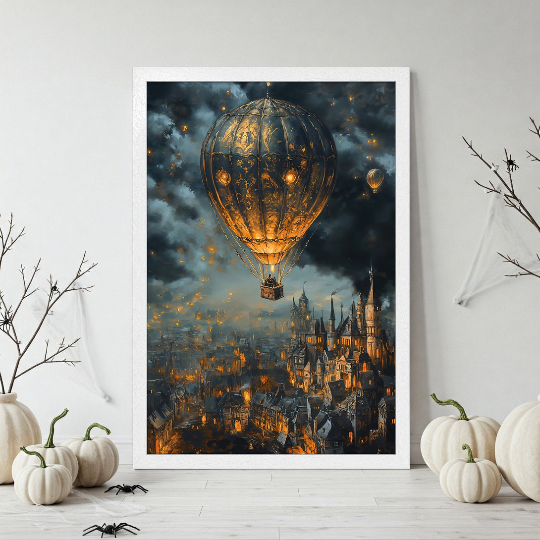Framed Poster featuring a fantasy city with a hot air balloon, in a dark, moody style with warm orange and cool blue tones.