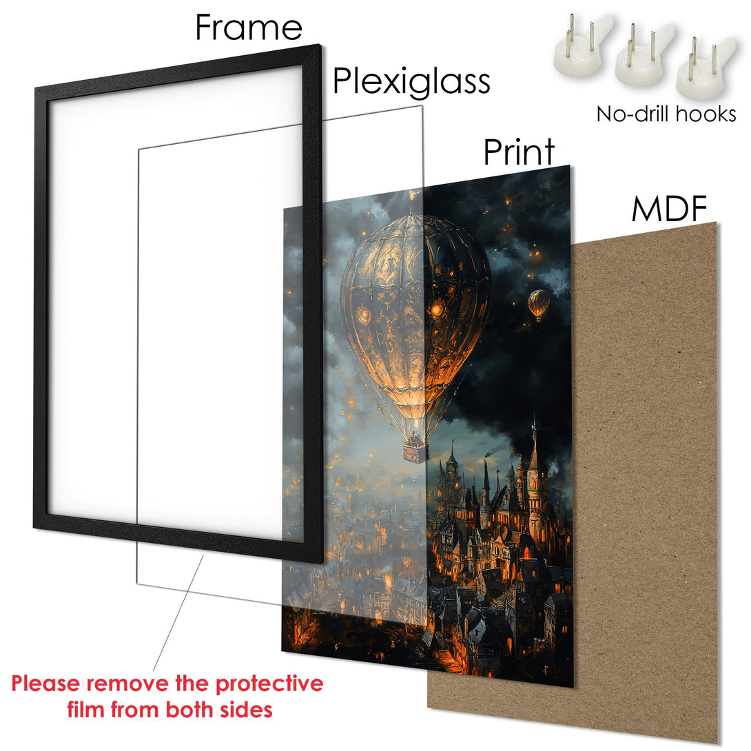 Framed Poster featuring a fantasy cityscape with a hot air balloon. Dark, moody style with warm gold and cool blue tones. Ready to hang!
