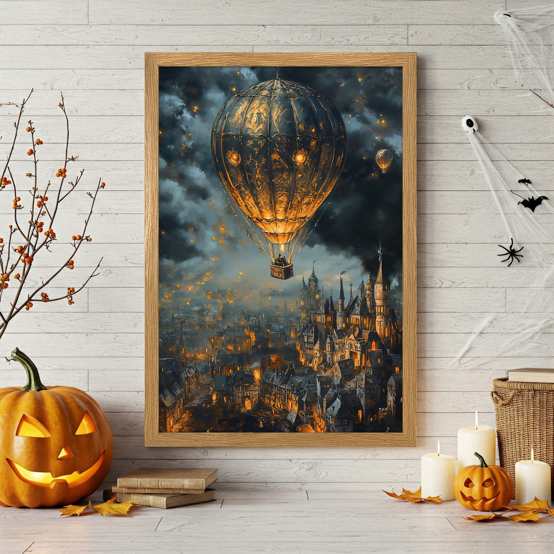 Framed Poster: Steampunk hot air balloon over a gothic city, dark & moody color palette, perfect Halloween decor.