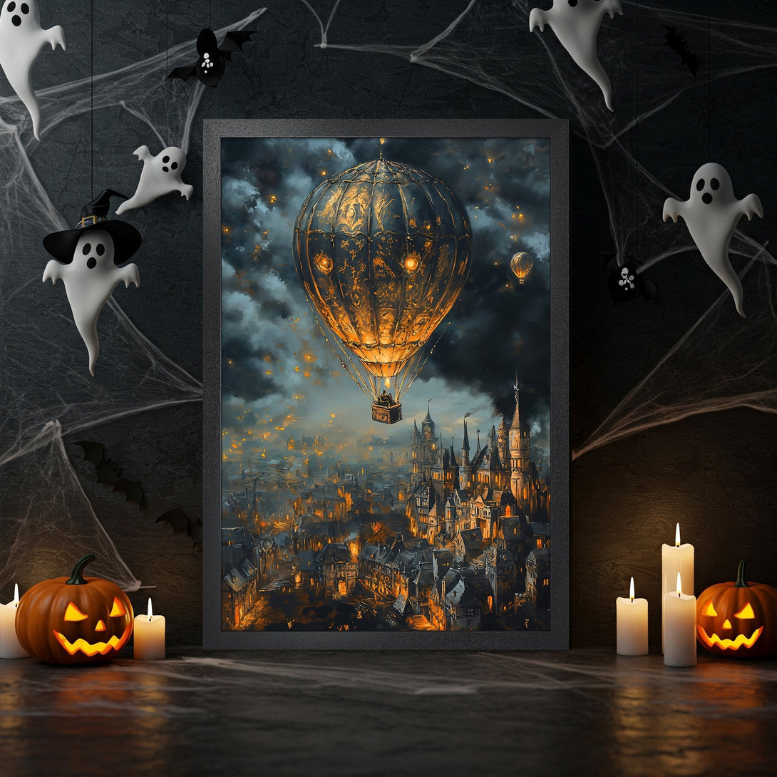 Framed Poster featuring a fantasy city with a hot air balloon, in a dark, warm color palette. Halloween decor.