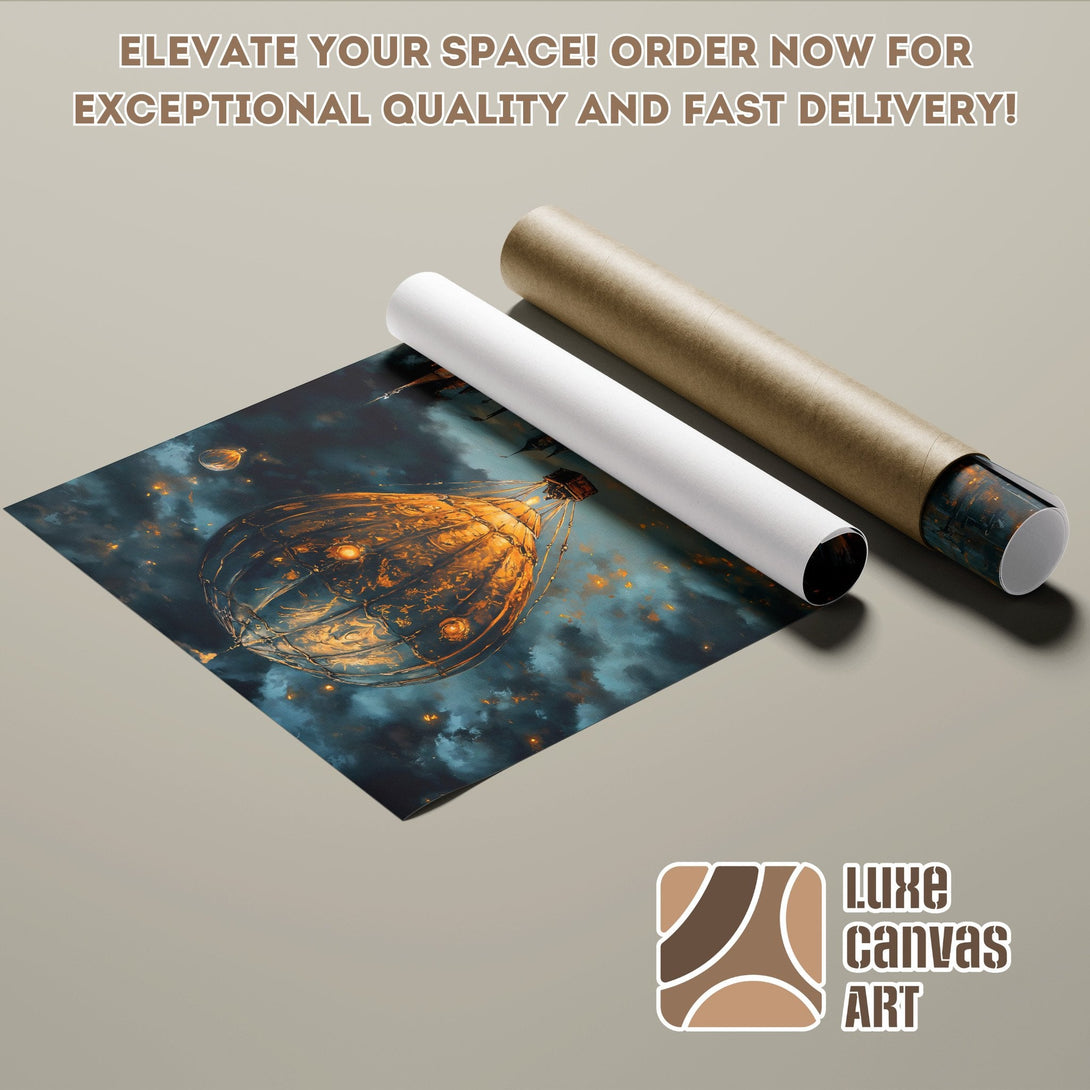Poster Roll featuring a fantasy airship, dark blue & gold color palette, perfect wall art.