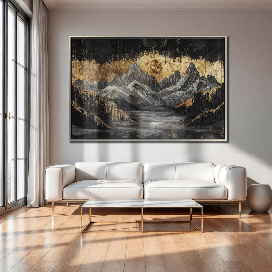 Framed Wall Art: Abstract mountain landscape in black, gold, and gray tones. Adds modern elegance to any room. Shop now!