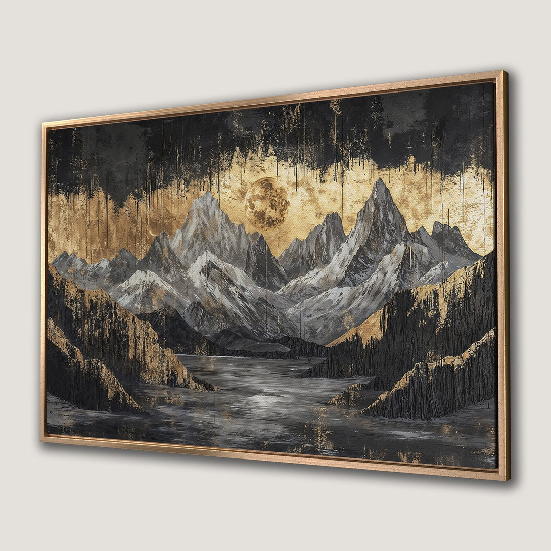 Framed Wall Art featuring a dramatic mountain landscape with a gold, black, and gray color palette. Abstract art perfect for home decor.