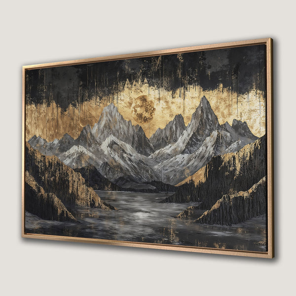 Framed Wall Art featuring a dramatic mountain landscape with a gold, black, and gray color palette. Abstract art perfect for home decor.