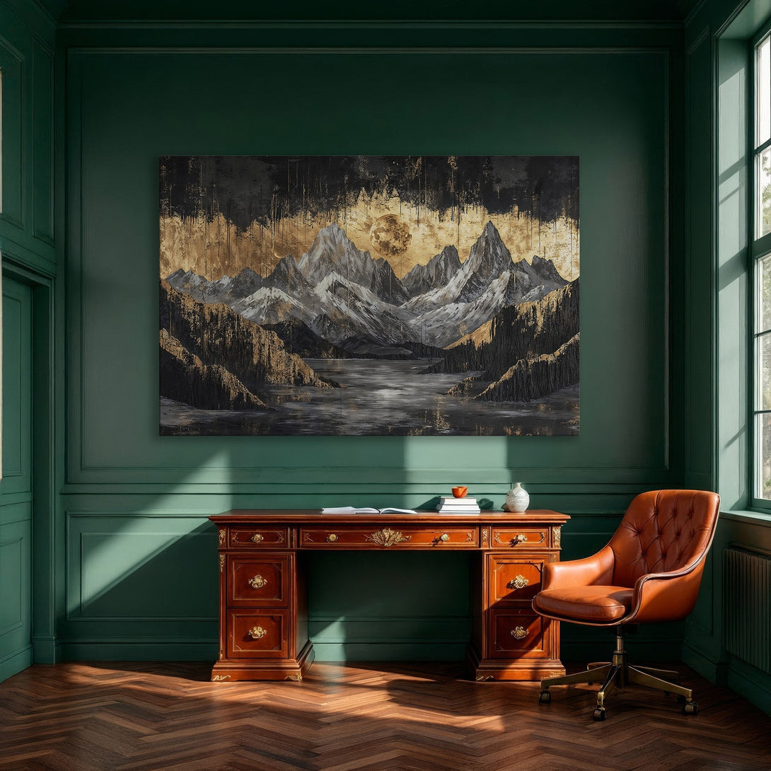 Framed Wall Art: Abstract mountain landscape in black, gold, and gray. Modern canvas print adds a touch of luxury to any space.