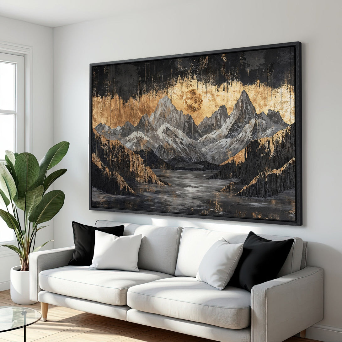 Framed Wall Art: Abstract mountain landscape in black, gold, and gray hues. Modern art canvas print adds a touch of luxury to any space.