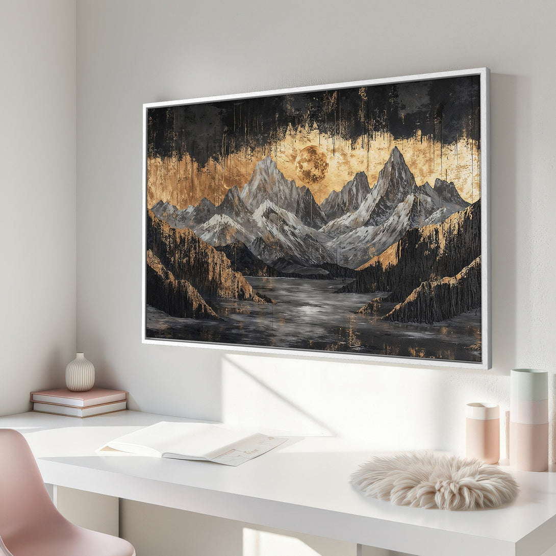 Framed Wall Art: Abstract mountain landscape Canvas Print in gold, black, and gray tones. Elevate your home decor with this stunning piece!