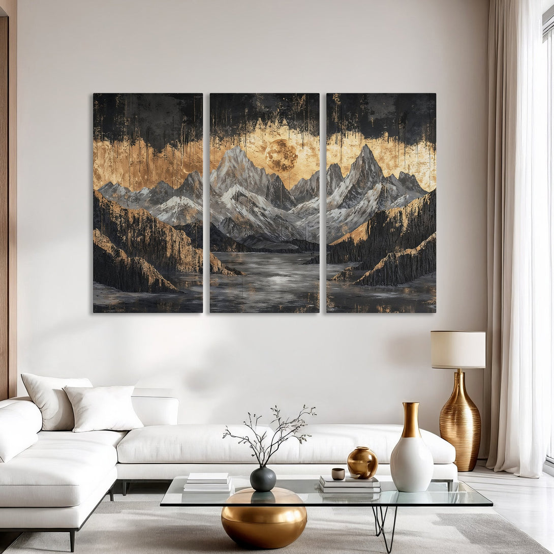 Canvas Print: Abstract mountain landscape art in gold, black, and gray. Modern wall decor for a stylish interior.
