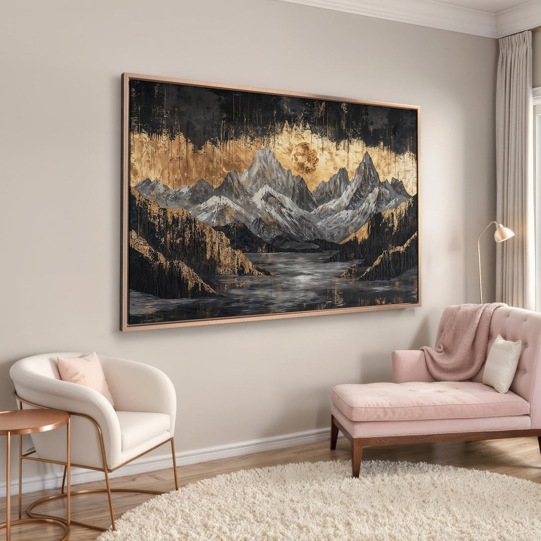 Framed Wall Art: Abstract mountain landscape Canvas Print in black, gold, and gray. Modern art for home decor, perfect for a stylish interior.