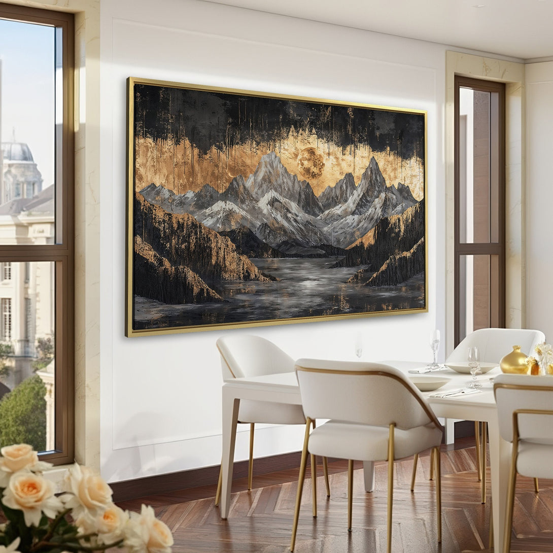 Canvas Print of a mountain landscape in gold, black, and gray. Modern abstract art for a sophisticated interior.