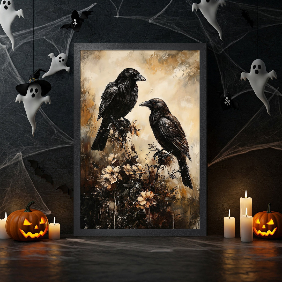 Framed Poster featuring two black ravens on a branch, artistic style, warm neutral and black color palette, perfect for Halloween decor.