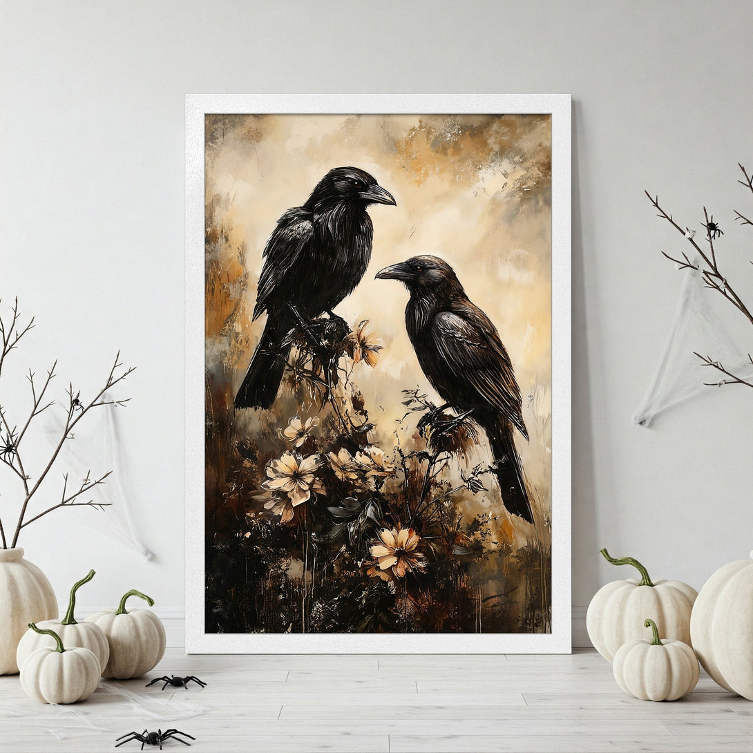 Framed Poster featuring two crows in an artistic style with a warm, earthy color palette. Perfect for adding a touch of gothic elegance to your decor.
