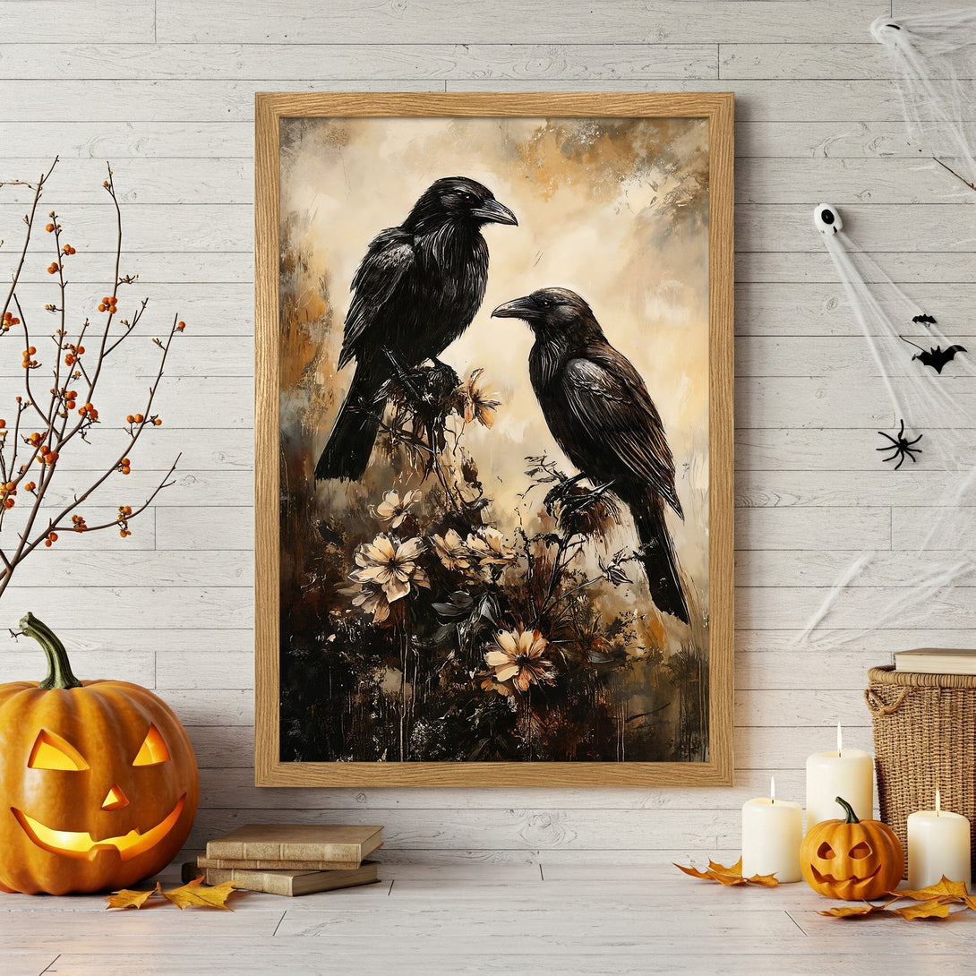Framed Poster featuring two black ravens in a moody, artistic style with a warm, autumnal color palette. Perfect Halloween decor!