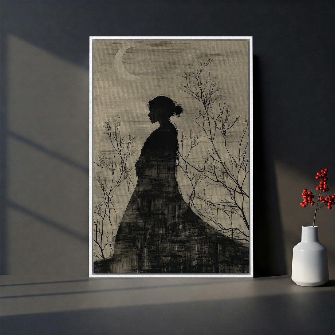 Framed Wall Art: Silhouette of a woman in a dark, moody style. Neutral color palette with black, white, and beige tones. Perfect for minimalist decor.