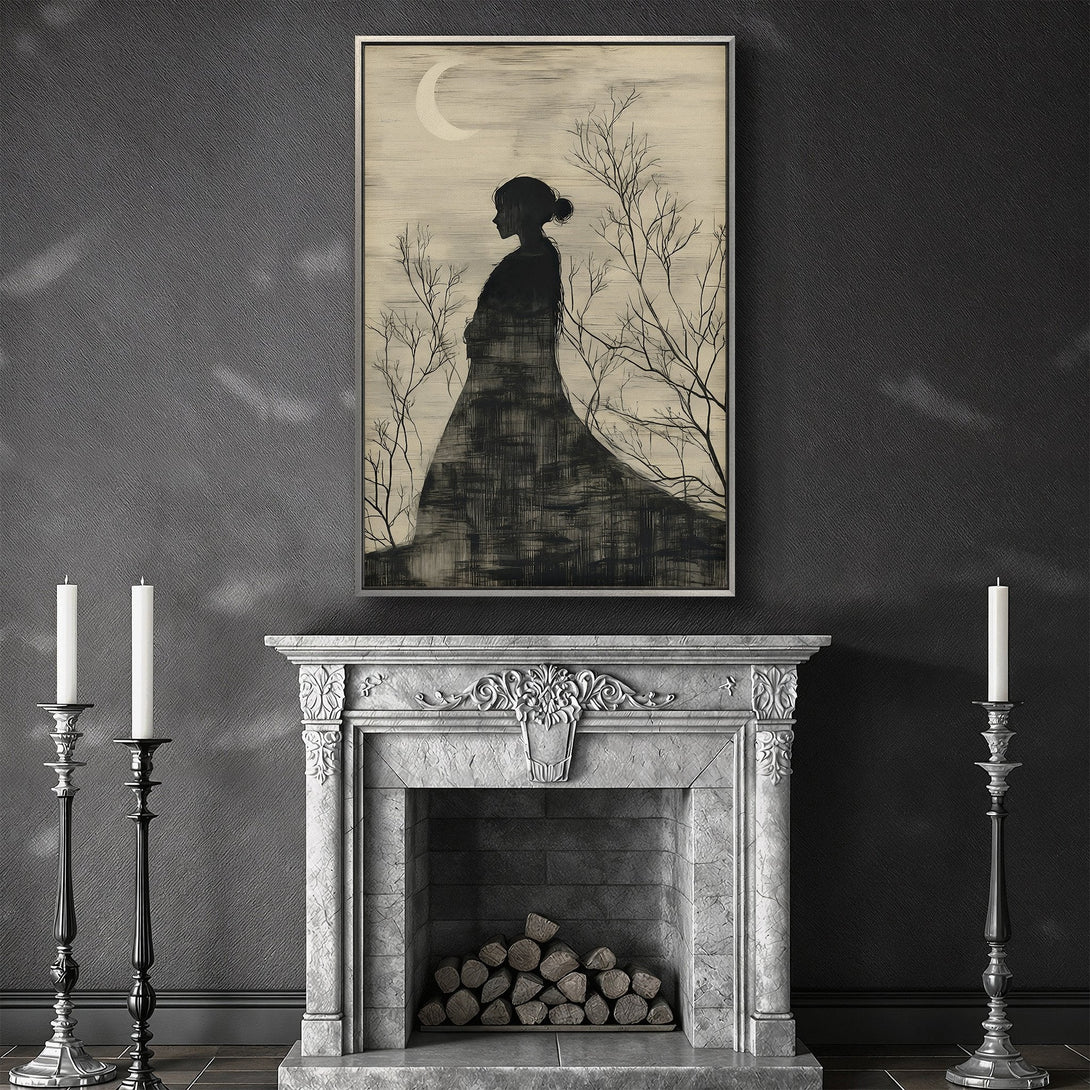 Framed Wall Art featuring a silhouette of a woman, trees, and moon in a grayscale color palette. Perfect for modern home decor.