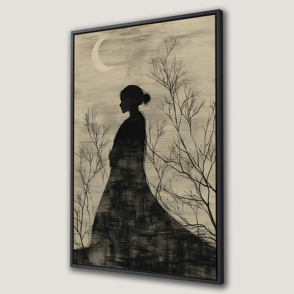 Framed Wall Art featuring a silhouette of a woman under a moonlit sky. Artistic, monochrome canvas print with a neutral color palette for modern decor.