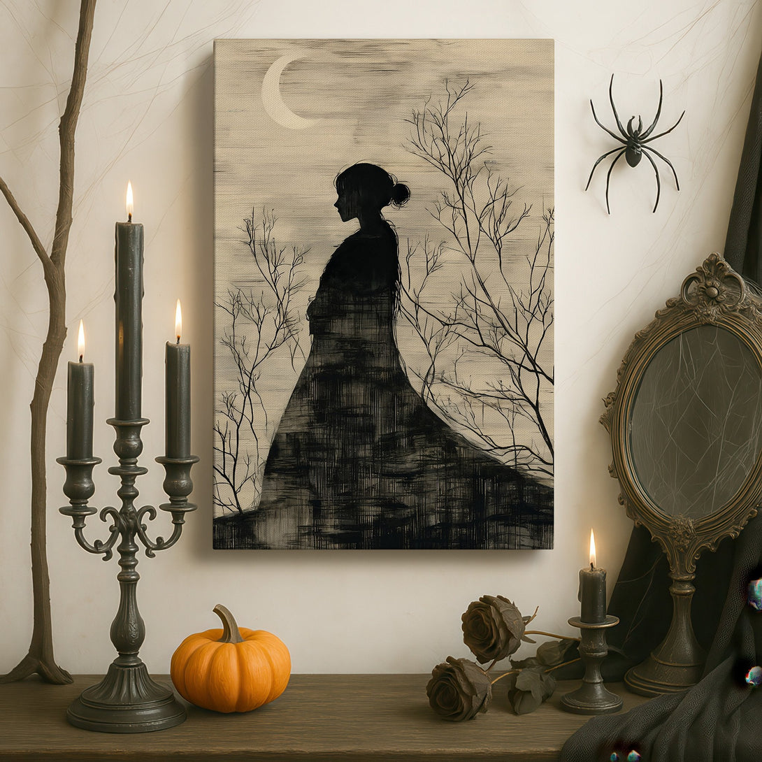 Framed Wall Art featuring a woman silhouette under a moon, minimalist style, grayscale palette. Perfect for adding a touch of elegance to any space.