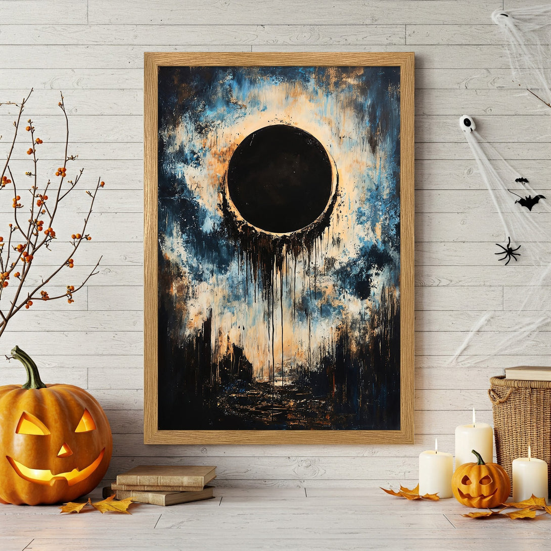 Framed Poster featuring an abstract eclipse design in a dark blue, black, and gold color palette. Perfect Halloween decor!