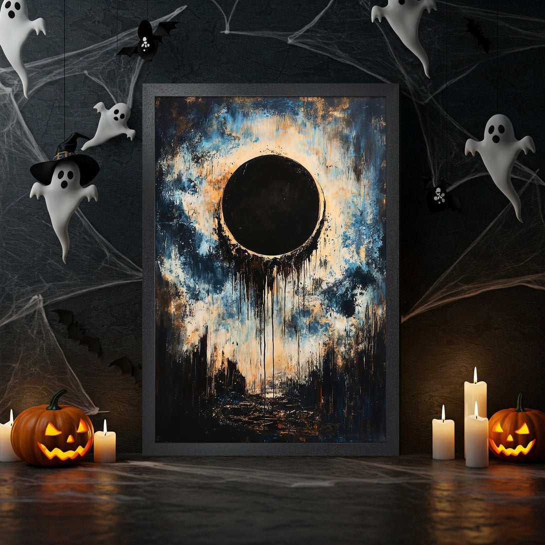 Framed Poster featuring abstract art with a black, blue, and gold color palette. Perfect Halloween decor!