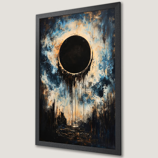 Framed Poster featuring abstract art with a black circle, blue, gold, and black color palette. Modern art print.