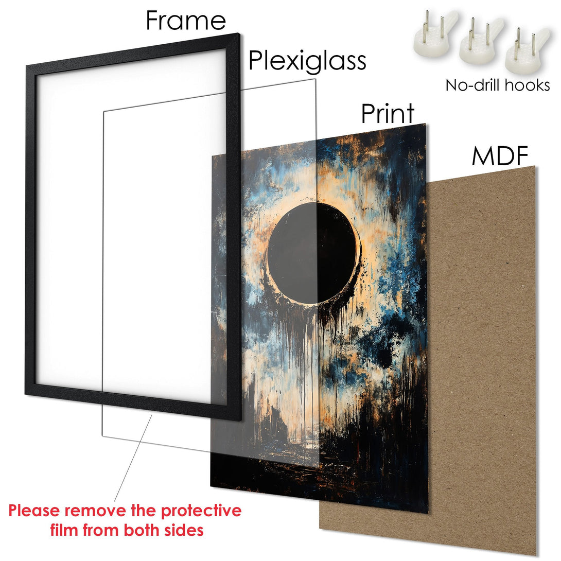 Framed Poster featuring abstract art with a black, blue, and gold color palette. Enhance your space with this stunning print!