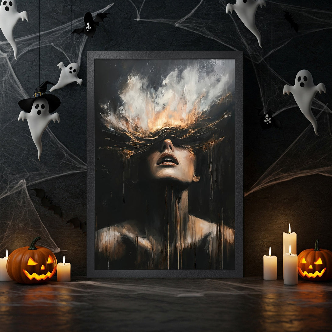 Framed Poster featuring a dramatic abstract portrait with dark, gold, and white tones, perfect for Halloween decor.